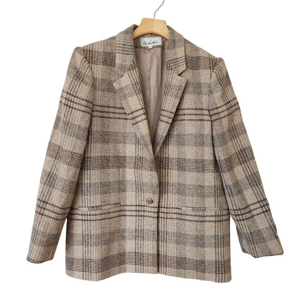 Austin Hill Beige Brown Plaid 100% Wool Blazer Jacket Preppy Winter Work Office - Picture 1 of 12